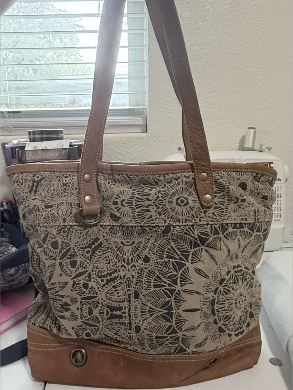 Myra Bag Neutral Cream and Black Printed Tote with Brown Trim